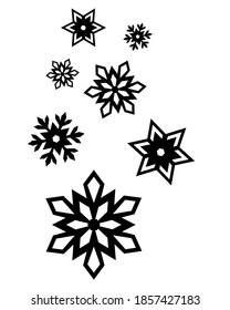 Black silhouette flying snowflakes isolated on white background. Flat design for poster or t-shirt. Vector illustration