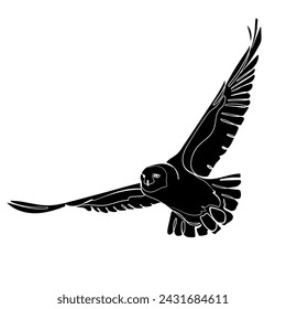 Black silhouette of the flying snowy owl (polar owl) on white background. Graphic drawing. Vector illustration.
