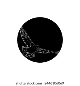 Black silhouette of the flying snowy owl (polar owl) in black circle. Graphic drawing. Vector illustration.