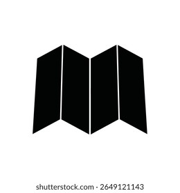 A black silhouette of a folded map icon is centrally positioned against a white background The image is simple and minimalist in style