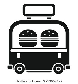 Black silhouette of a food truck selling burgers on a white background, icon in simple style