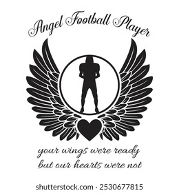 Black silhouette football player with angel wings, In Loving Memory of Football player, Angel football player