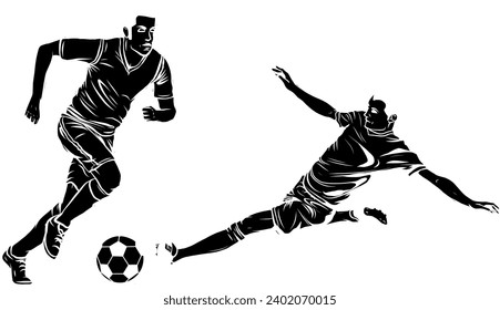 black silhouette of football Soccer player kicking ball. Vector illustration