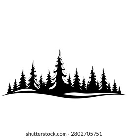 A black silhouette of a forest with many pine trees of varying heights, creating a natural landscape border.
