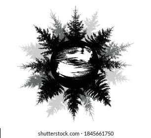 Black silhouette forest on circle, beautiful spruce trees. Inside the circle is brush stroke for name. Vector illustration