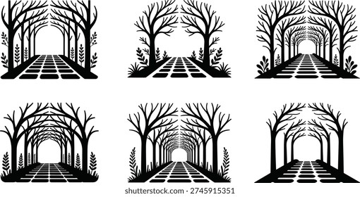 Black silhouette forest path collection, mystical woodland tunnel with arching trees, decorative nature walkway set for laser cut and vinyl design
