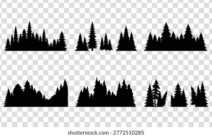 Black Silhouette Forest Trees Isolated Transparent Background Vector Illustration