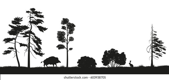 Black silhouette of forest trees on a white background. Panorama of forest with animals. Landscape of wild nature. Vector illustration