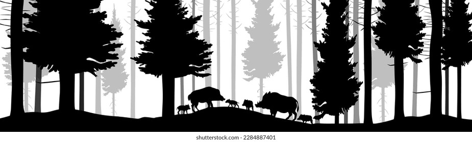Black silhouette of forest woods wild boar family animals and forest fir spruce trees adventure wildlife hunting landscape panorama illustration icon vector for logo, isolated on white background