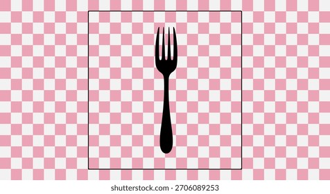 Uma silhueta preta de um garfo é centralizada dentro de um quadro retangular contra um fundo quadriculado rosa e branco.