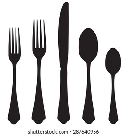 Black silhouette of fork, knife and spoon vector icon set. Cutlery