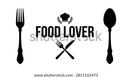 Black silhouette of fork spoon knife and chef hats with the text food lover silhouette