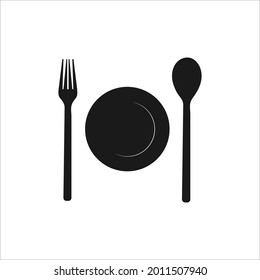 Black silhouette fork spoon and plate.Plate with spoon and fork icon illustration isolated vector sign symbol 