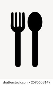 Black silhouette of a fork and spoon. Simple fork and spoon design. Minimalist cutlery illustration. Fork and spoon icon on a white background. User interface icon vector.