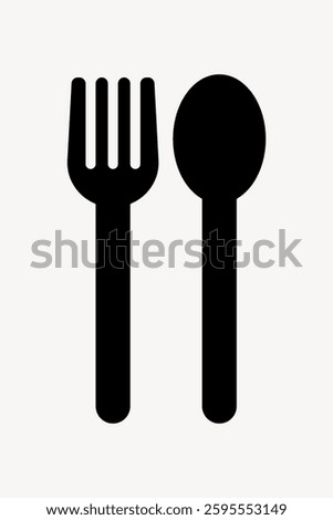 Black silhouette of a fork and spoon. Simple fork and spoon design. Minimalist cutlery illustration. Fork and spoon icon on a white background. User interface icon vector.
