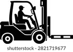 Black silhouette of a forklift driver operating an industrial forklift.
