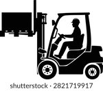 Black silhouette of a forklift driver operating an industrial forklift.
