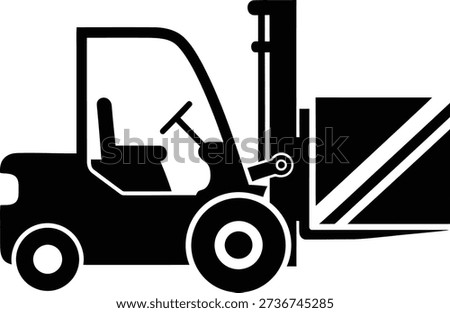 A black silhouette of a forklift with an operator, carrying a large box or pallet