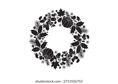 A black silhouette forms a circular arrangement on a white background, resembling a wreath. 