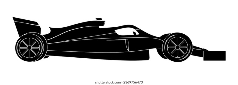 Silueta negra de un coche de Fórmula 1 con contornos blancos. Vista lateral del coche de carreras. Ruedas, spoilers y halo. Forma Transporte de alta velocidad. Aislado sobre fondo blanco. Ilustración vectorial.