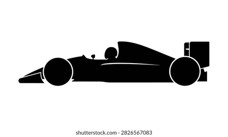 Black silhouette of formula racing car in side profile isolated for speed and competition themes