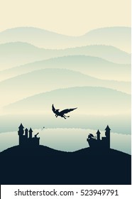 Black silhouette of fortress dragon, gryphon defence mobile background hills