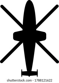 Black silhouette of four blade helicopter on a white background, top view. Vector icon.