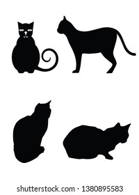 black silhouette of four different poses of a cat vector on white background
