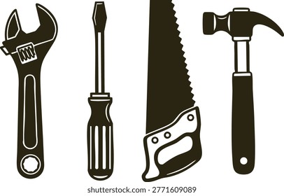 Black silhouette of four hand tools including adjustable wrench screwdriver saw and hammer