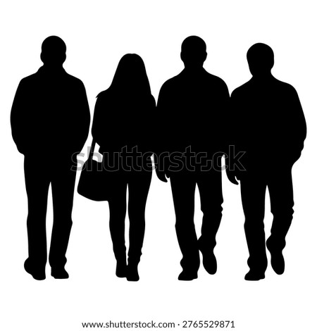 A black silhouette of four individuals, two men and two women, walking side by side.
