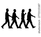 A black silhouette of four individuals walking in a line across a street, reminiscent of the Abbey Road album cover.