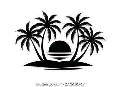 A black silhouette of four palm trees on a small island with a sun setting over water, isolated on a white background, clean style.