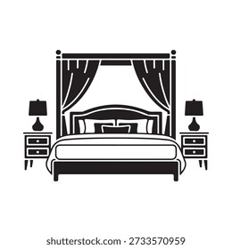 Black silhouette of a four poster bed with bedside tables and lamps
