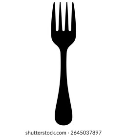 Black Silhouette of a Four Pronged Fork with Tapered Handle and Curved Base on White Background