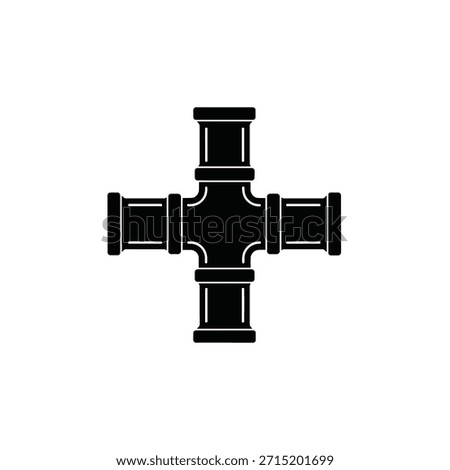 Black silhouette of a four-way pipe fitting junction on a white background.