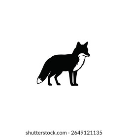 A black silhouette of a fox is centrally positioned against a white background The fox is depicted in profile view facing right Its tail is bushy and slightly curved The style is simple and clean