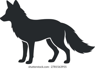A black silhouette of a fox with pointed ears and a bushy tail, captured in a side profile.
