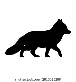 Black silhouette of a fox in profile view, showcasing its body shape and bushy tail against a plain white background.