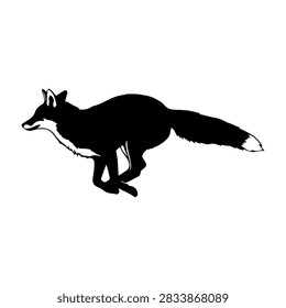 A black silhouette of a fox in side profile, showcasing its slender body, bushy tail, and pointed ears against a plain white background.