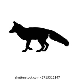A black silhouette of a fox walking to the left on a plain white background, showcasing its profile and detailed features.
