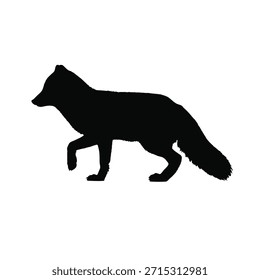 Eine schwarze Silhouette eines Fuchses, der nach links auf einfarbigem weißem Hintergrund läuft, einfaches Grafikdesign