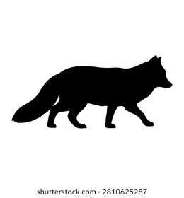 A black silhouette of a fox walking in profile, showcasing its body shape and bushy tail against a plain white background.