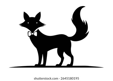 Black silhouette of a fox wearing a white bowtie standing on a small black base against a white background simple vector illustration