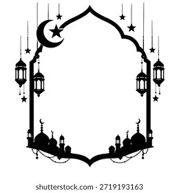Schwarzer Silhouettenrahmen mit einer gewölbten Struktur mit hängenden Laternen, Halbmond und Sternenformen. Der untere Bereich zeigt eine Moschee Skyline mit Kuppeln und Minaretten. Alle Elemente sind einzeln auf weißem Hintergrund.
