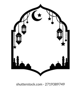 Schwarzer Silhouettenrahmen mit einer gewölbten Struktur mit hängenden Laternen, Halbmond und Sternenformen. Der untere Bereich zeigt eine Moschee Skyline mit Kuppeln und Minaretten. Alle Elemente sind einzeln auf weißem Hintergrund.
