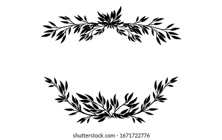 Black silhouette frame top and bottom hand drawn tree branches with leaves  flat vector illustration
