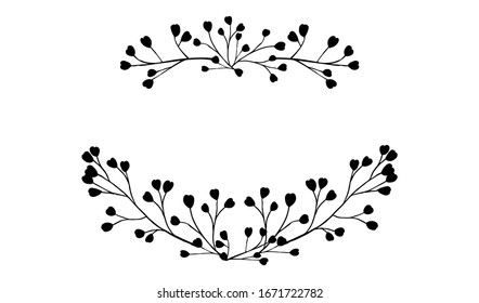 Black silhouette frame top and bottom hand drawn tree branches with leaves flat vector illustration