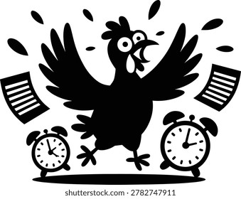 Black silhouette of a frantic chicken, surrounded by papers and alarm clocks