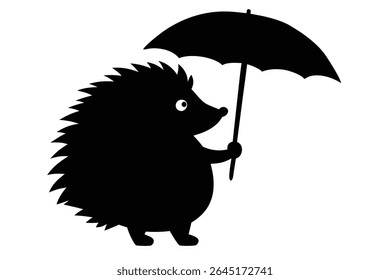 Uma silhueta preta de um ouriço amigável segurando um guarda-chuva preto contra um fundo branco. O estilo é simples e ilustração vetorial minimalista.