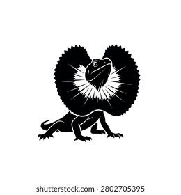 A black silhouette of a frilled lizard with its neck frill flared out, on a white background.